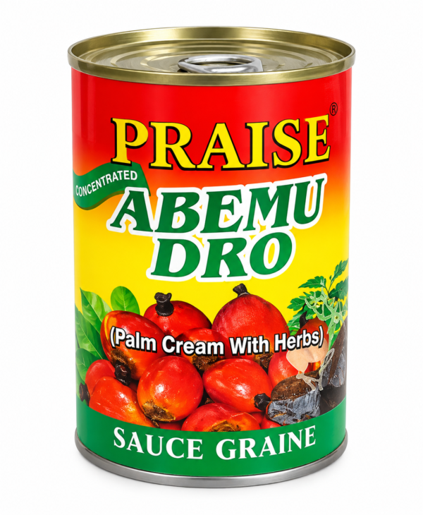 Boîte de crème de palme colorée sauce graine Praise, Praise Abemu Dro, Abemu Dro, crème de palme Praise, crème de noix de palme, sauce graine africaine, sauce graine concentrée, crème de palme aux herbes, sauce graine 400 g, sauce graine 800 g, palm cream Praise, palm nut cream, palm cream with herbs, sauce graine pour poulet, sauce graine pour poisson fumé, soupe de noix de palme, cuisine africaine, cuisine ouest-africaine, épicerie africaine en ligne, sauce graine Ghana, sauce graine Côte d’Ivoire, sauce graine Cameroun, base pour soupe de palme.