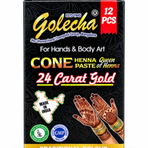 henné Golecha, henné doré Golecha, Golecha 24 Carat Gold, Golecha 24 Carat Gold 12 cônes, pâte de henné dorée, henné en cône, cônes de henné, henné pour les mains, henné pour le corps, henné décoration corporelle, henné mehndi, mehendi indien, body art, pâte décorative pour la peau, henné pour mariage, henné pour cérémonie, henné pour fête, henné traditionnel indien, henné pour motifs des mains, Golecha France, acheter henné Golecha, henné doré en ligne, boîte de 12 cônes de henné.