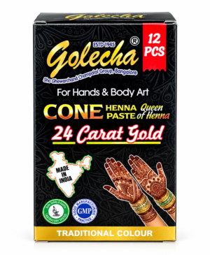 henné Golecha, henné doré Golecha, Golecha 24 Carat Gold, Golecha 24 Carat Gold 12 cônes, pâte de henné dorée, henné en cône, cônes de henné, henné pour les mains, henné pour le corps, henné décoration corporelle, henné mehndi, mehendi indien, body art, pâte décorative pour la peau, henné pour mariage, henné pour cérémonie, henné pour fête, henné traditionnel indien, henné pour motifs des mains, Golecha France, acheter henné Golecha, henné doré en ligne, boîte de 12 cônes de henné.