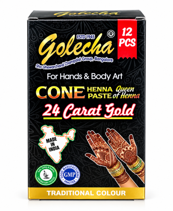 Boîte de pâte de henné dorée Golecha henné Golecha, henné doré Golecha, Golecha 24 Carat Gold, Golecha 24 Carat Gold 12 cônes, pâte de henné dorée, henné en cône, cônes de henné, henné pour les mains, henné pour le corps, henné décoration corporelle, henné mehndi, mehendi indien, body art, pâte décorative pour la peau, henné pour mariage, henné pour cérémonie, henné pour fête, henné traditionnel indien, henné pour motifs des mains, Golecha France, acheter henné Golecha, henné doré en ligne, boîte de 12 cônes de henné.