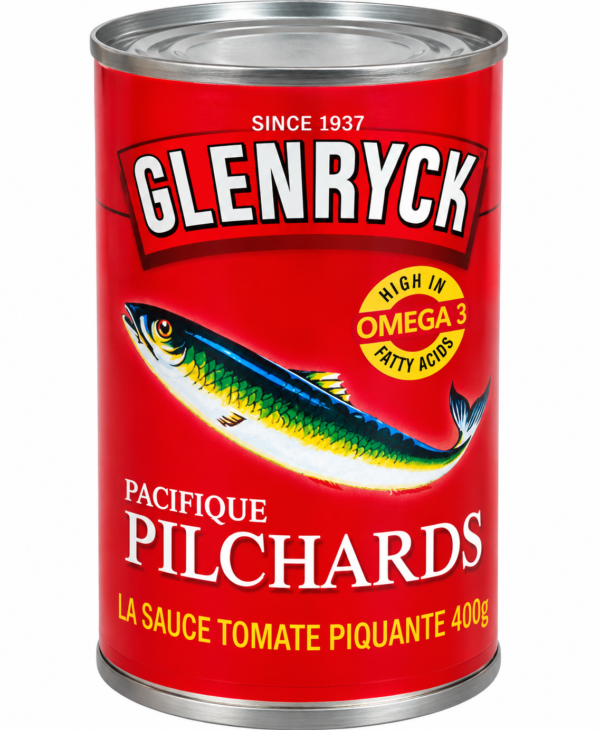 Boîte de pilchards rouge au design rétro pilchards Glenryck 400g, Glenryck tomate piquante, sardines Glenryck sauce tomate piquante, pilchards en conserve, sardines en boîte épicées, poisson en conserve sauce tomate, pilchards à la tomate, sardines pimentées, acheter pilchards Glenryck, conserve de sardines 400 g, pilchards pour riz, sardines pour attiéké, poisson en conserve pour cuisine africaine, accompagnement pour foufou, sardines sauce tomate pour banane plantain, épicerie africaine en ligne, produits africains en France, conserve de poisson épicée, KAIROSHYB Market