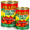Boîtes de crème de palme colorées côte à côte PRAISE, ABEMU DRO, sauce graine, crème de palme, noix de palme, palm cream, cuisine africaine, cuisine ghanéenne, cuisine ivoirienne, cuisine camerounaise, poisson fumé, viande, herbes, 400 g, 800 g, épicerie exotique.