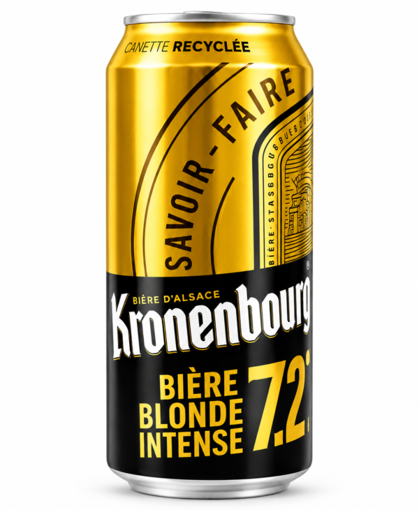Canette Kronenbourg 7.2 sur fond blanc Kronenbourg 7.2, Kronenbourg 7.2 Blonde Intense, bière Kronenbourg, bière blonde 7.2 degrés, bière 7,2 %, bière d’Alsace, Kronenbourg canette 50 cl, bière blonde intense, bière aromatique, bière au malt, bière notes de caramel, bière notes de miel, bière blonde française, canette de bière, bière Kronenbourg en ligne, achat bière Kronenbourg.