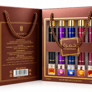coffret Khamrah, coffret parfum Khamrah, Khamrah Eau de Parfum Collection, coffret 5 parfums, coffret eau de parfum, parfum oriental, coffret parfum arabe, coffret cadeau parfum, collection de parfums, assortiment de parfums, coffret parfum marron et doré, parfum en coffret cadeau, parfums miniatures, coffret parfumerie, cadeau parfum élégant, achat coffret parfum en ligne, parfum Khamrah collection, eau de parfum orientale.