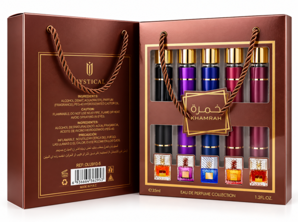 coffret Khamrah, coffret parfum Khamrah, Khamrah Eau de Parfum Collection, coffret 5 parfums, coffret eau de parfum, parfum oriental, coffret parfum arabe, coffret cadeau parfum, collection de parfums, assortiment de parfums, coffret parfum marron et doré, parfum en coffret cadeau, parfums miniatures, coffret parfumerie, cadeau parfum élégant, achat coffret parfum en ligne, parfum Khamrah collection, eau de parfum orientale.