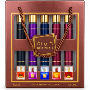 coffret Khamrah, coffret parfum Khamrah, Khamrah Eau de Parfum Collection, coffret 5 parfums, coffret eau de parfum, parfum oriental, coffret parfum arabe, coffret cadeau parfum, collection de parfums, assortiment de parfums, coffret parfum marron et doré, parfum en coffret cadeau, parfums miniatures, coffret parfumerie, cadeau parfum élégant, achat coffret parfum en ligne, parfum Khamrah collection, eau de parfum orientale.