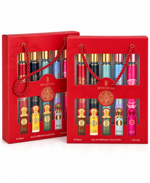 coffret parfum Mystical, Mystical Eau de Parfum Collection, coffret parfum rouge, coffret de cinq parfums, parfum Luxury Mystical, parfum Royal Mystical, parfum Imperial Mystical, parfum Prestige Mystical, parfum Elegance Mystical, coffret eau de parfum, coffret cadeau parfum, assortiment de parfums, coffret parfum original, parfums à offrir, coffret parfum senteurs variées, acheter coffret parfum en ligne, parfumerie en ligne, idée cadeau parfum, produits de beauté, KAIROSHYB Market.
