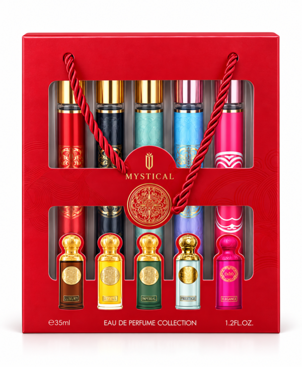 coffret parfum Mystical, Mystical Eau de Parfum Collection, coffret parfum rouge, coffret de cinq parfums, parfum Luxury Mystical, parfum Royal Mystical, parfum Imperial Mystical, parfum Prestige Mystical, parfum Elegance Mystical, coffret eau de parfum, coffret cadeau parfum, assortiment de parfums, coffret parfum original, parfums à offrir, coffret parfum senteurs variées, acheter coffret parfum en ligne, parfumerie en ligne, idée cadeau parfum, produits de beauté, KAIROSHYB Market.