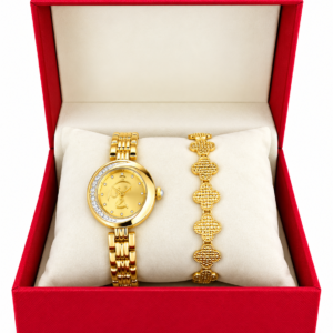 Coffret Montre Femme Dorée avec Bracelet Assorti – Écrin Cadeau Rouge – Parure Élégante