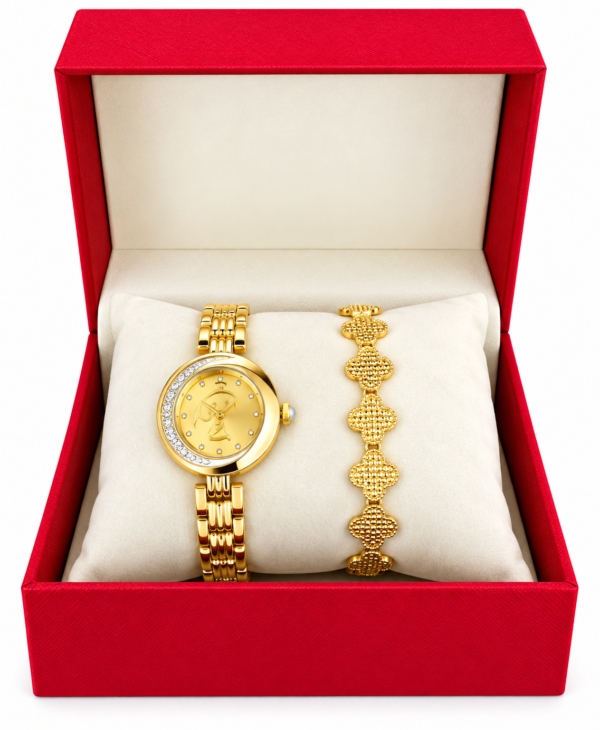 Coffret Montre Femme Dorée avec Bracelet Assorti – Écrin Cadeau Rouge – Parure Élégante