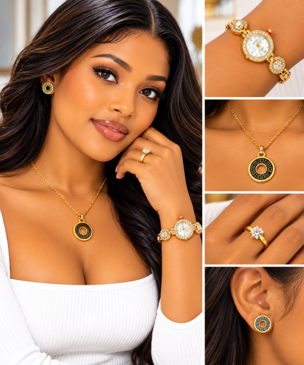 Coffret Bijoux Femme Doré et Noir Fancy – Montre, Collier Pendentif Rond, Bague et Boucles d’Oreilles – Écrin Cœur Rouge