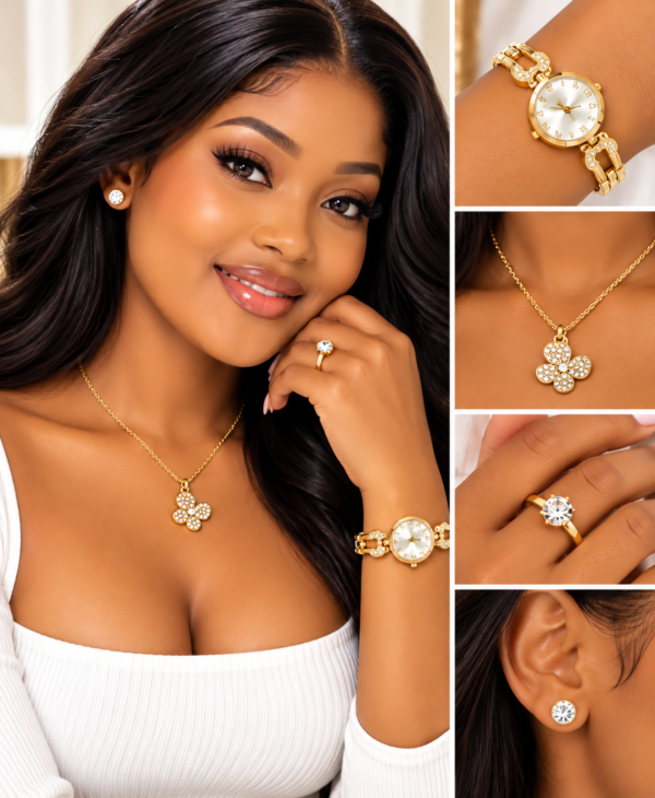 Collage publicitaire de bijoux dorés scintillants Coffret Bijoux Femme Doré Fancy – Montre, Collier Fleur, Bague et Boucles d’Oreilles – Écrin Cœur Rouge