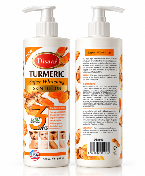 Duo de lotions au curcuma Disaar Disaar Turmeric Super Whitening Skin Lotion 500 ml lotion Disaar au curcuma 500 ml lotion curcuma visage et corps lotion corporelle Disaar curcuma lotion hydratante au curcuma lotion pour peau terne au curcuma lotion soin éclat au curcuma lotion pour uniformiser l'apparence du teint lotion corps anti taches lotion curcuma pour taches sombres Disaar lotion corps 500 ml Disaar skincare curcuma Turmeric body lotion 500ml Turmeric whitening skin lotion Disaar brightening body lotion