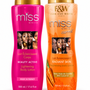 Miss White, Fair and White Paris, Fair & White Miss White, duo Miss White, lait éclaircissant Miss White, lait corps Miss White 500ml, Miss White Beauty Active, Miss White Carrot, lait à l’huile de carotte, Radiant Skin Body Lotion, Brightening Body Lotion 500ml, lotion corporelle Miss White, lait corporel Fair and White, soin du corps, lotion hydratante corps, lait éclaircissant corps 500 ml, cosmétique beauté, produits de beauté, soin peau lumineuse, cosmétique pour peaux mates et foncées