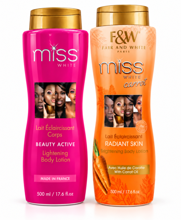 Miss White, Fair and White Paris, Fair & White Miss White, duo Miss White, lait éclaircissant Miss White, lait corps Miss White 500ml, Miss White Beauty Active, Miss White Carrot, lait à l’huile de carotte, Radiant Skin Body Lotion, Brightening Body Lotion 500ml, lotion corporelle Miss White, lait corporel Fair and White, soin du corps, lotion hydratante corps, lait éclaircissant corps 500 ml, cosmétique beauté, produits de beauté, soin peau lumineuse, cosmétique pour peaux mates et foncées