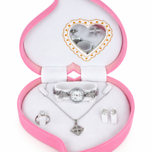 Coffret Bijoux Femme en Forme de Cœur Rose – Montre, Collier, Bague et Boucles d’Oreilles – Idée Cadeau