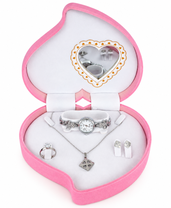 Écrin cœur rose avec parure scintillante Coffret Bijoux Femme en Forme de Cœur Rose – Montre, Collier, Bague et Boucles d’Oreilles – Idée Cadeau
