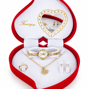 Coffret Bijoux Femme Doré Fancy – Montre, Collier Fleur, Bague et Boucles d’Oreilles – Écrin Cœur Rouge