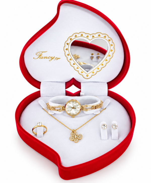 Écrin cœur rouge aux bijoux dorés Coffret Bijoux Femme Doré Fancy – Montre, Collier Fleur, Bague et Boucles d’Oreilles – Écrin Cœur Rouge
