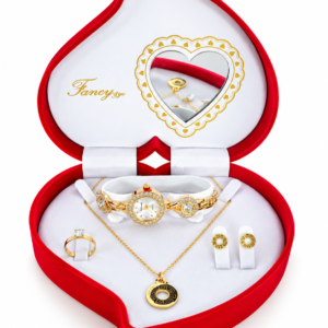 Coffret Bijoux Femme Doré et Noir Fancy – Montre, Collier Pendentif Rond, Bague et Boucles d’Oreilles – Écrin Cœur Rouge