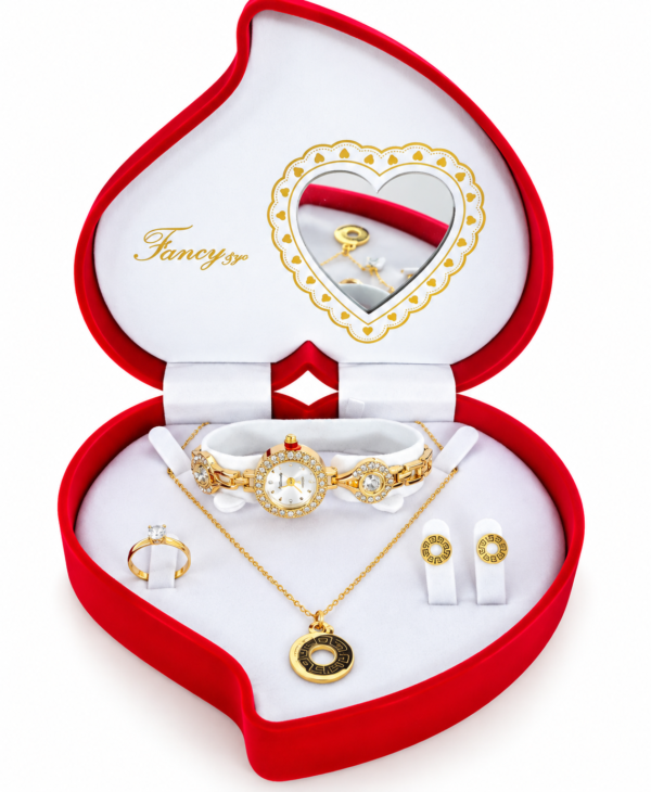 Coffret Bijoux Femme Doré et Noir Fancy – Montre, Collier Pendentif Rond, Bague et Boucles d’Oreilles – Écrin Cœur Rouge