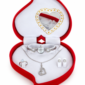Coffret Bijoux Femme Argenté – Montre, Collier Cœur, Bague et Boucles d’Oreilles – Écrin Cœur Rouge