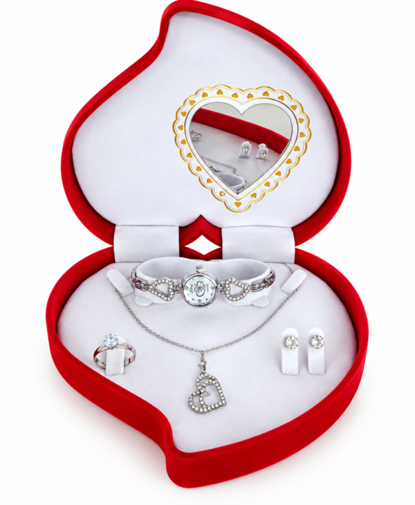 Coffret Bijoux Femme Argenté – Montre, Collier Cœur, Bague et Boucles d’Oreilles – Écrin Cœur Rouge