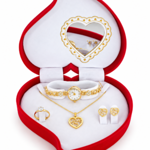 Coffret Bijoux Femme Doré – Montre, Collier Cœur Love, Bague et Boucles d’Oreilles – Écrin Rouge