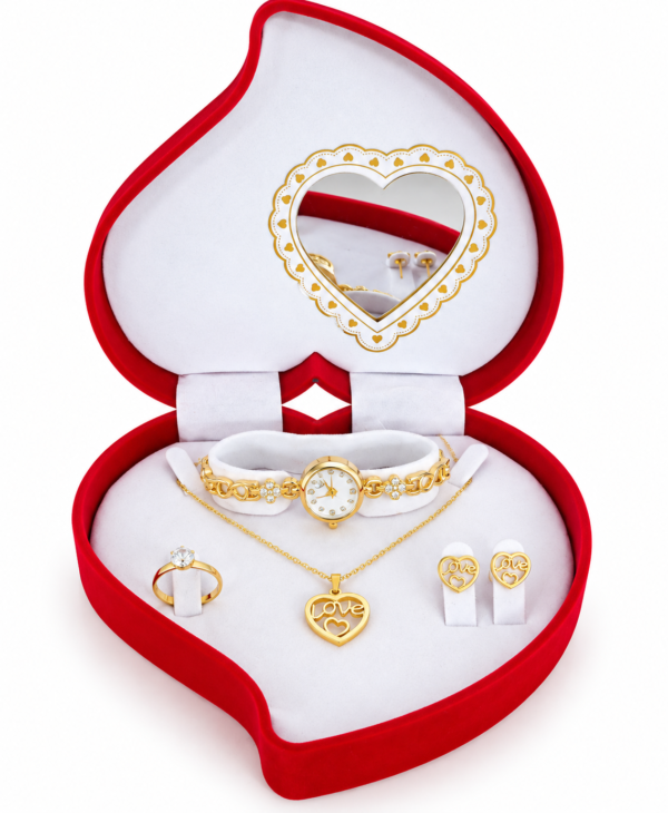 Écrin cœur rouge avec parure dorée Coffret Bijoux Femme Doré – Montre, Collier Cœur Love, Bague et Boucles d’Oreilles – Écrin Rouge