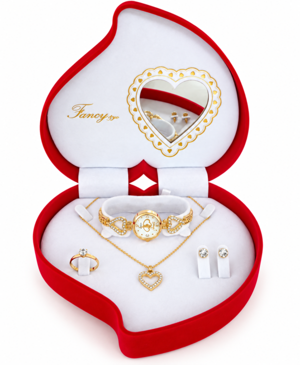 Écrin cœur rouge avec parure dorée et miroir Coffret Bijoux Femme Cœur Rouge – Montre Dorée, Collier, Bague et Boucles d’Oreilles – Idée Cadeau