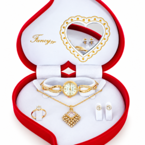 Coffret Bijoux Femme Doré Fancy – Montre, Collier Pendentif Géométrique, Bague et Boucles d’Oreilles – Écrin Cœur Rouge