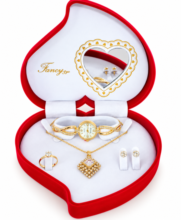 Coffret Bijoux Femme Doré Fancy – Montre, Collier Pendentif Géométrique, Bague et Boucles d’Oreilles – Écrin Cœur Rouge