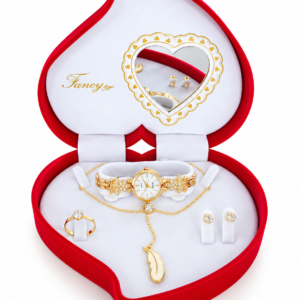 Coffret Bijoux Femme Doré Fancy – Montre, Collier Pendentif Plume, Bague et Boucles d’Oreilles – Écrin Cœur Rouge