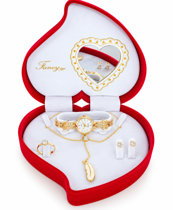 Coffret Bijoux Femme Doré Fancy – Montre, Collier Pendentif Plume, Bague et Boucles d’Oreilles – Écrin Cœur Rouge