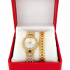 Coffret Montre Femme Fancy Dorée avec Bracelet Assorti – Cadran Blanc à Strass – Écrin Cadeau Rouge