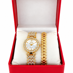 Coffret Montre Femme Fancy Dorée avec Bracelet Assorti – Cadran Blanc à Strass – Écrin Cadeau Rouge