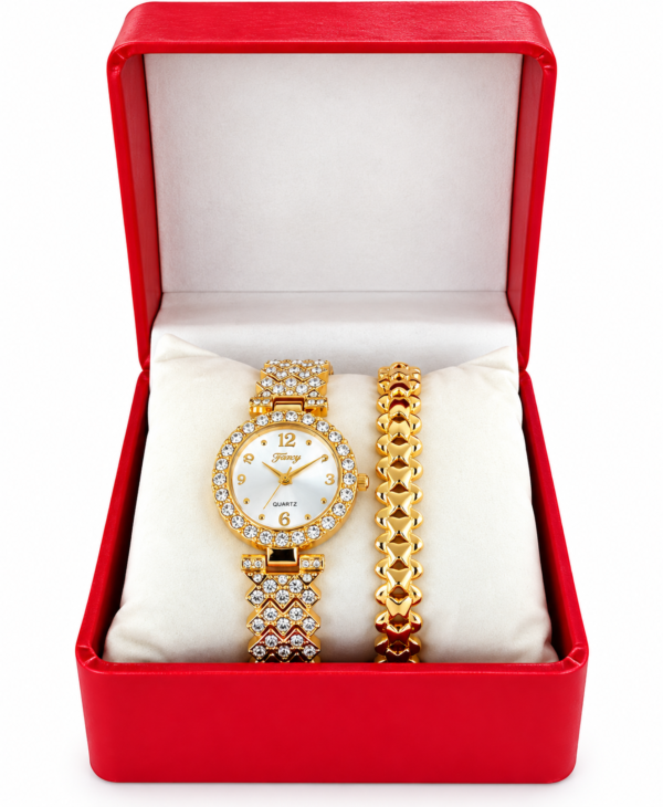 Coffret Montre Femme Fancy Dorée avec Bracelet Assorti – Cadran Blanc à Strass – Écrin Cadeau Rouge