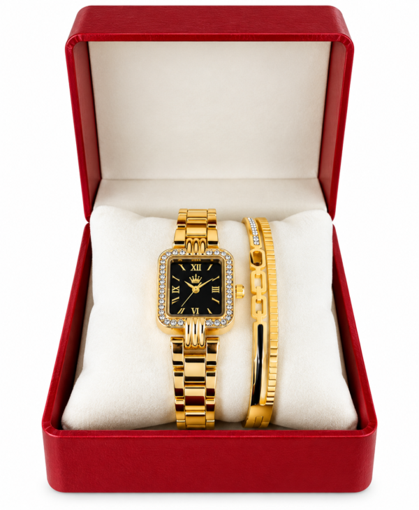 Écrin rouge avec montre et bracelet dorés montre femme, montre dorée femme, bracelet femme doré, coffret montre femme, coffret cadeau femme, montre bracelet assorti, montre élégante femme, montre chic femme, bijou femme, cadeau femme, coffret bijoux, montre quartz femme, montre fantaisie femme, accessoire femme, cadeau anniversaire femme
