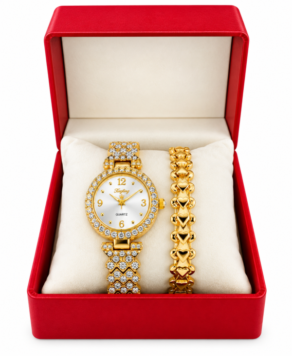 Écrin rouge avec montre et bracelet dorés(1) montre femme, montre dorée femme, bracelet femme doré, coffret montre femme, coffret cadeau femme, montre bracelet assorti, montre élégante femme, montre chic femme, bijou femme, cadeau femme, coffret bijoux, montre quartz femme, montre fantaisie femme, accessoire femme, cadeau anniversaire femme