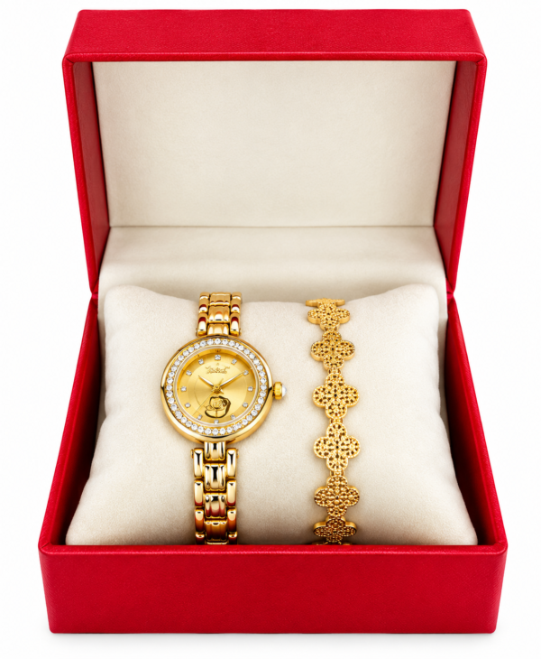 Écrin rouge avec parure dorée élégante montre femme, montre dorée femme, bracelet femme doré, coffret montre femme, coffret cadeau femme, montre bracelet assorti, montre élégante femme, montre chic femme, bijou femme, cadeau femme, coffret bijoux, montre quartz femme, montre fantaisie femme, accessoire femme, cadeau anniversaire femme