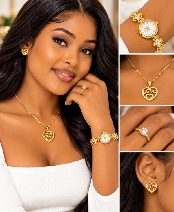 Élégance dorée, collection Love Coffret Bijoux Femme Doré – Montre, Collier Cœur Love, Bague et Boucles d’Oreilles – Écrin Rouge