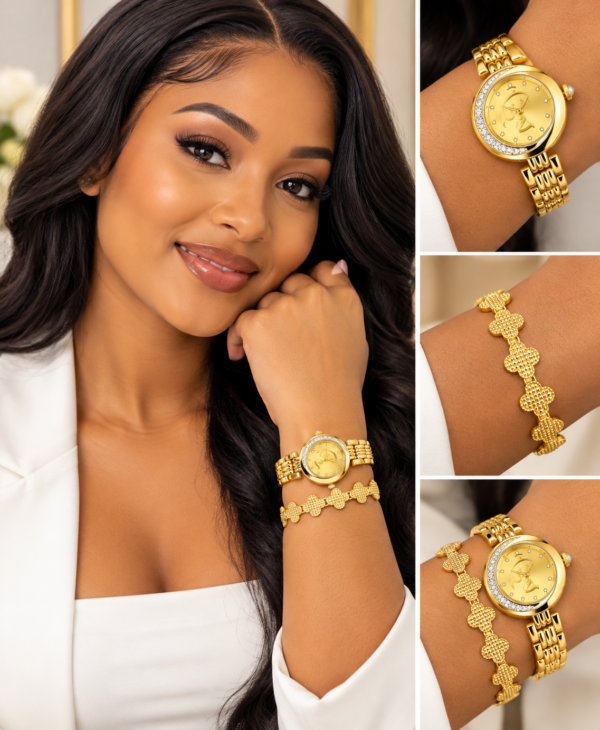 Coffret Montre Femme Dorée avec Bracelet Assorti – Écrin Cadeau Rouge – Parure Élégante