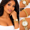 Coffret Montre Femme Fancy Dorée avec Bracelet Assorti – Cadran Blanc à Strass – Écrin Cadeau Rouge