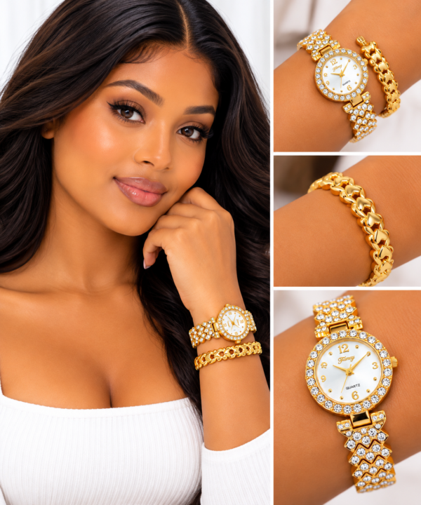 Coffret Montre Femme Fancy Dorée avec Bracelet Assorti – Cadran Blanc à Strass – Écrin Cadeau Rouge