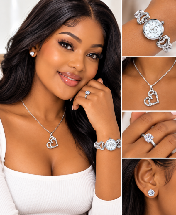 Coffret Bijoux Femme Argenté – Montre, Collier Cœur, Bague et Boucles d’Oreilles – Écrin Cœur Rouge