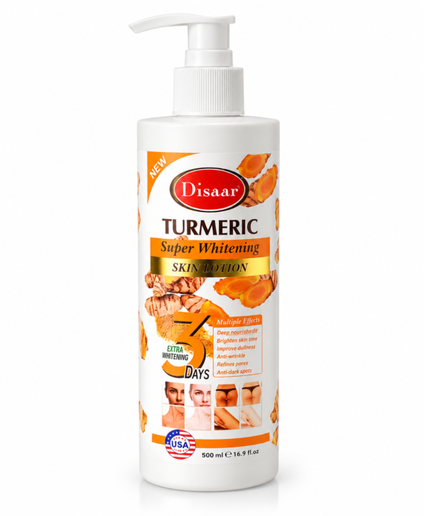 Flacon de lotion au curcuma Disaar Disaar Turmeric Super Whitening Skin Lotion 500 ml lotion Disaar au curcuma 500 ml lotion curcuma visage et corps lotion corporelle Disaar curcuma lotion hydratante au curcuma lotion pour peau terne au curcuma lotion soin éclat au curcuma lotion pour uniformiser l'apparence du teint lotion corps anti taches lotion curcuma pour taches sombres Disaar lotion corps 500 ml Disaar skincare curcuma Turmeric body lotion 500ml Turmeric whitening skin lotion Disaar brightening body lotion