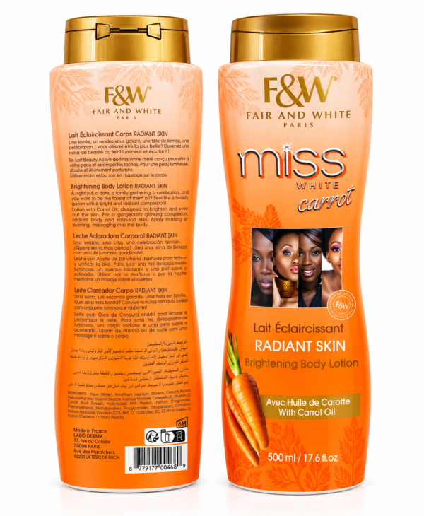 Miss White, Fair and White Paris, Fair & White Miss White, duo Miss White, lait éclaircissant Miss White, lait corps Miss White 500ml, Miss White Beauty Active, Miss White Carrot, lait à l’huile de carotte, Radiant Skin Body Lotion, Brightening Body Lotion 500ml, lotion corporelle Miss White, lait corporel Fair and White, soin du corps, lotion hydratante corps, lait éclaircissant corps 500 ml, cosmétique beauté, produits de beauté, soin peau lumineuse, cosmétique pour peaux mates et foncées