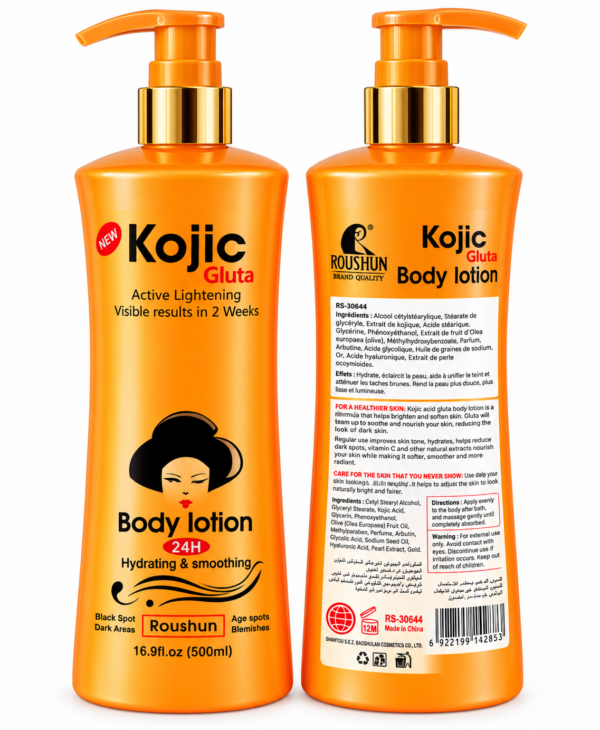 Roushun Kojic Gluta, lotion Roushun 500 ml, lotion corporelle Kojic Gluta, crème corps Roushun, lait corporel hydratant, lotion hydratante 500 ml, soin du corps, lotion peau douce, lotion peau lisse, soin éclat du teint, lotion Kojic Acid, Kojic Gluta Body Lotion, Roushun Body Lotion 500ml.