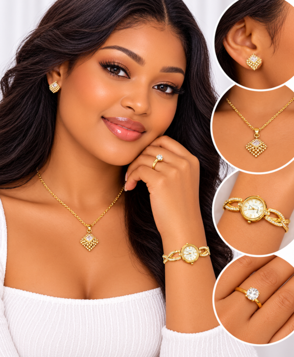 Coffret Bijoux Femme Doré Fancy – Montre, Collier Pendentif Géométrique, Bague et Boucles d’Oreilles – Écrin Cœur Rouge