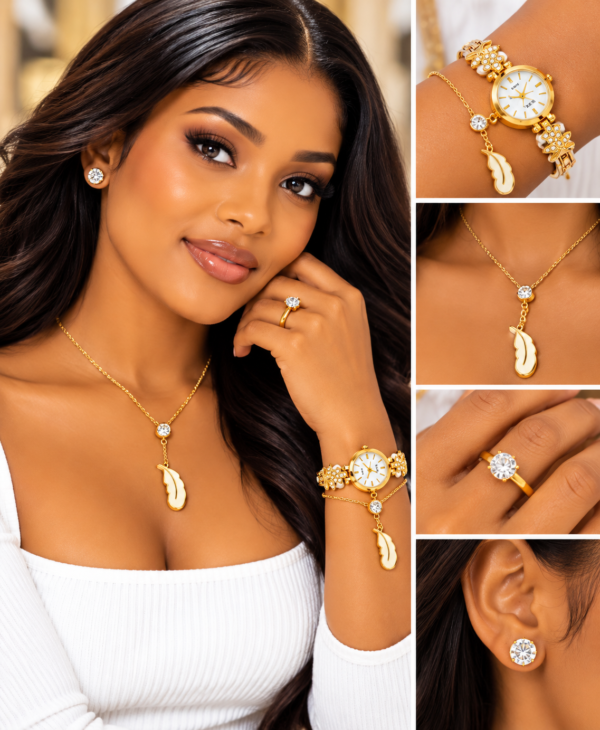Coffret Bijoux Femme Doré Fancy – Montre, Collier Pendentif Plume, Bague et Boucles d’Oreilles – Écrin Cœur Rouge